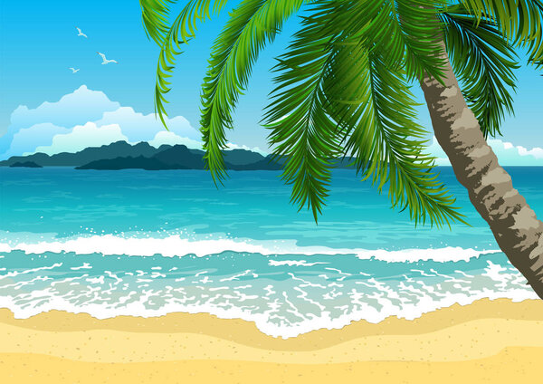 Экзотический тропический пейзаж с пальмами. Морской пейзаж с волнами, облачным небом и чайками. Туризм и путешествия. Векторная плоская конструкция