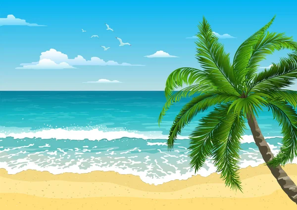 Экзотический Тропический Пейзаж Пальмами Морской Пейзаж Волнами Облачным Небом Чайками — стоковый вектор