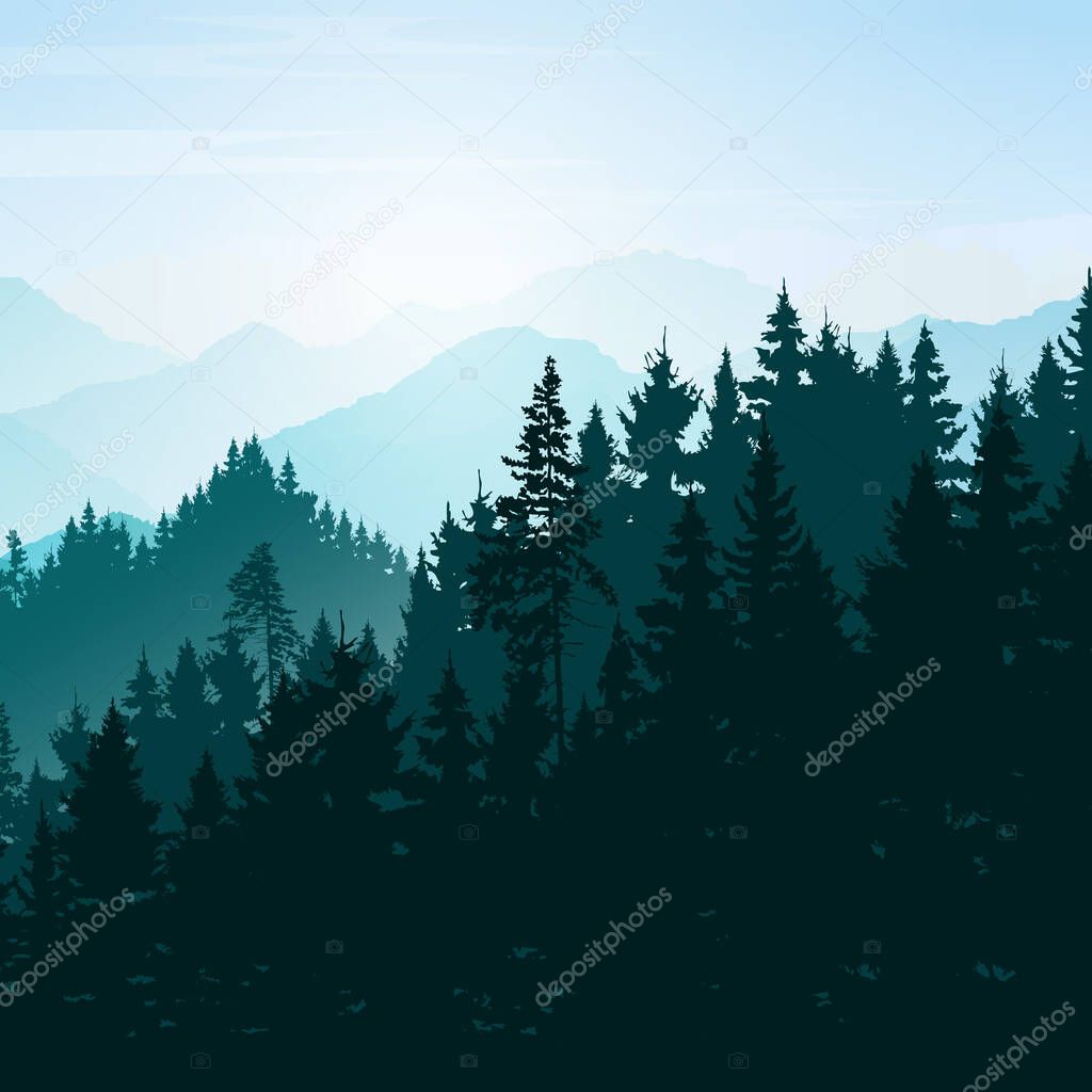 Mountain  landscape. Mountains and coniferous forest. Tourism and travelling. Vector silhouette
