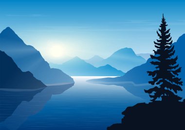 Dağları, gölü ve köknar ağacı olan doğal bir manzara. Dağ nehri. - Günaydın. Turizm ve seyahat. Vektör tasarımı. Web sayfası, internet sitesi için arkaplan