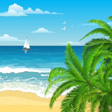 Palmiyeli egzotik tropik plaj. Dalgalı deniz manzarası, bulutlu gökyüzü ve martılar. Ufukta süzül. Turizm ve seyahat. Doğal vektör düz tasarım. Arkaplan, afiş, duvar kağıdı, poster, kapak.