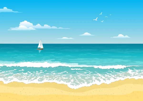Paysage Marin Avec Vagues Ciel Nuageux Mouettes Yacht Horizon Tourisme — Image vectorielle