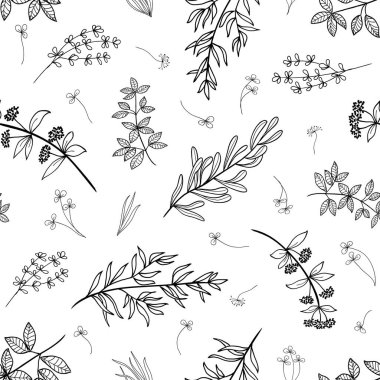 Moda karalama tarzında yaratıcı, kusursuz desen. El çizimi ve yaprakları olan vektör arkaplan. Soyut doğal elementler. Tekstil baskısı. Sancak, şablon, tebrik kartı. 