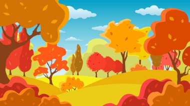 Sonbahar ağaçları, çalılar, çimenler, gökyüzü, bulutlar. Kırsal ve güzel bir manzara. Parlak bitkiler. Doğal mevsimlik web pankartı.