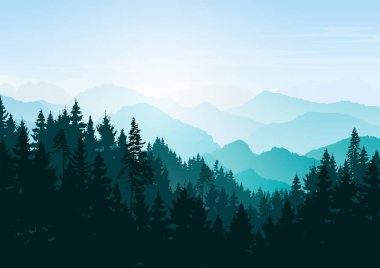 Kış dağı manzarası. Dağlar ve kozalaklı orman. Turizm ve seyahat. Vektör silueti. Noel Ormanı. Doğal arkaplan, web sayfası afişi, internet sitesi.
