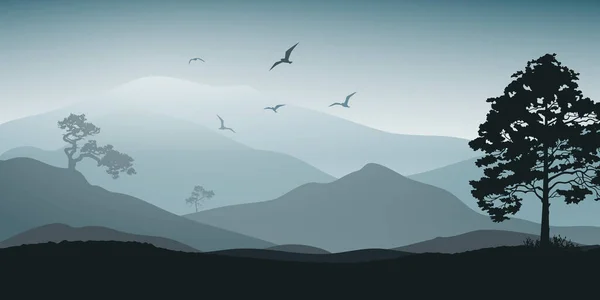 神秘的な風景です 山と木 鳥と自然バナー 観光と旅行 現代的なベクトルフラットデザイン — ストックベクタ