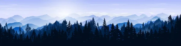雪の山の風景 丘や森のベクトル青のシルエット トウヒ クリスマスツリーと休日の背景 冬の自然 ウェブサイトのデザインのための常緑針葉樹の木のバナー — ストックベクタ