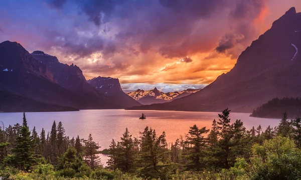 Beau Coucher Soleil Lac Mary Dans Parc National Des Glaciers — Photo