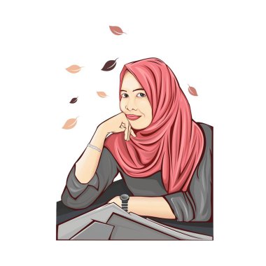 Kız Hijab ofiste. Bu resim avatar, illüstrasyon, poster ve diğer tasarım için uygundur.