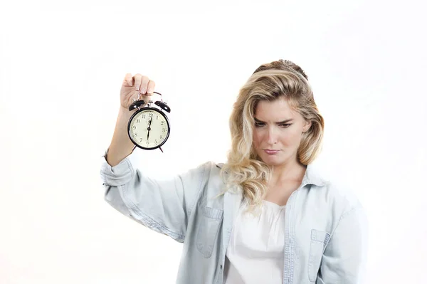 Sehr Schönes Mädchen Müde Emotional Unzufrieden Durch Die Alarmglocke Auf Stockfoto