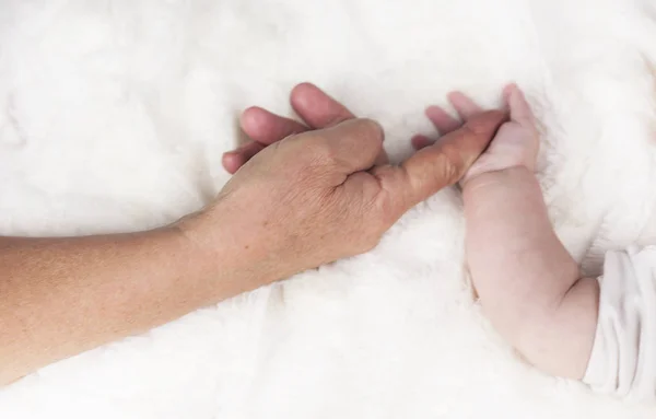 Diferença Geracional Nas Mãos Avó Mão Com Bebê Punho Fundo — Fotografia de Stock