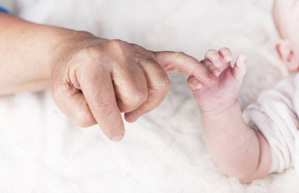 the generational difference in the hands,hand grandmother with handle baby on a white background