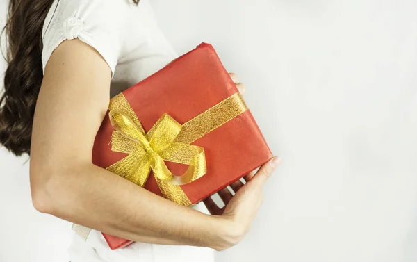 Young Beautiful Girl Holds Gift His Hands Close — Stock Photo, Image