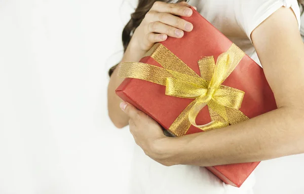 Young Beautiful Girl Holds Gift His Hands Close — Stock Photo, Image
