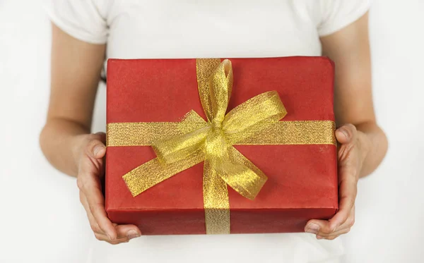 Young Beautiful Girl Holds Gift His Hands Close — Stock Photo, Image