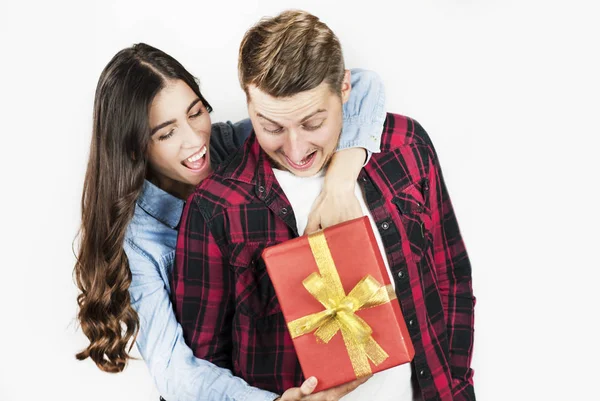 Young Couple Love Guy Girl Give Each Other Gift React — Stock Photo, Image