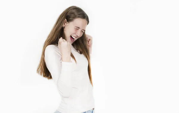 Menina Bonita Brilhante Emocionalmente Posando Fundo Isolado — Fotografia de Stock