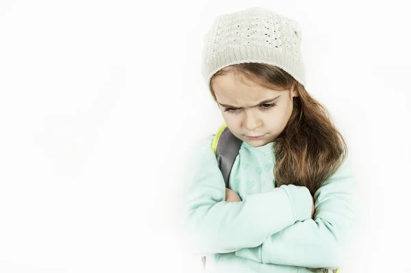 Little Beautiful Girl Emotionally Angry Offended White Isolated Background — Stock Photo, Image