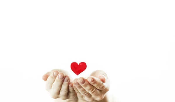 Manos Una Niña Sosteniendo Corazón Rojo Sobre Fondo Blanco Aislado — Foto de Stock