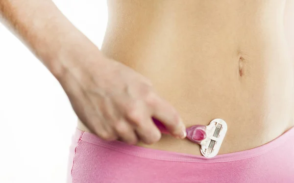 Young Girl Shaving Bikini White Background Gentle Tightened Skin Irritation — Stock Photo, Image