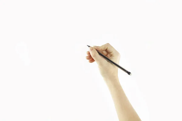 Girl Hand Writes Empty Space Isolated White Background — Stock Photo, Image