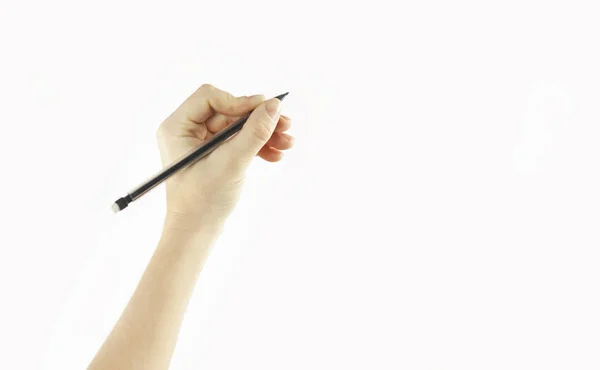 Mão Menina Escreve Espaço Vazio Isolado Fundo Branco — Fotografia de Stock