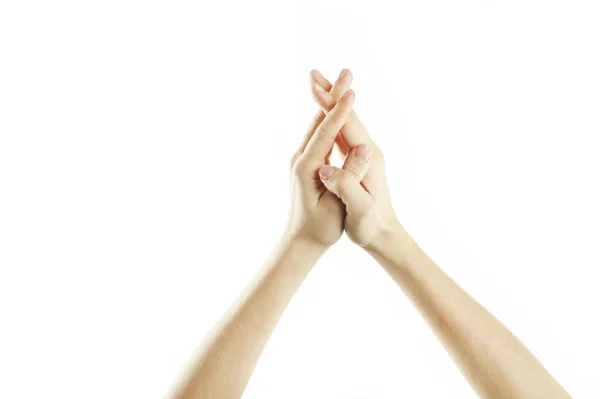 Γκρο Πλαν Θηλυκό Τρυφερά Χέρια Λευκό Φόντο Απομονωμένες Συμβατικά Επισήμανση — Φωτογραφία Αρχείου