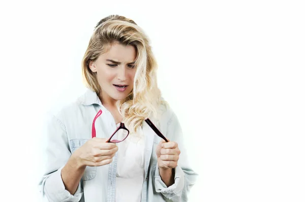 Young Beautiful Girl Broken Glasses Lenses Hands White Isolated Background — Stock Photo, Image