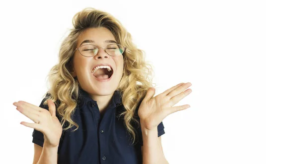 Menina Emocional Bonita Jovem Alegra Grita Fundo Isolado Branco Conceito — Fotografia de Stock