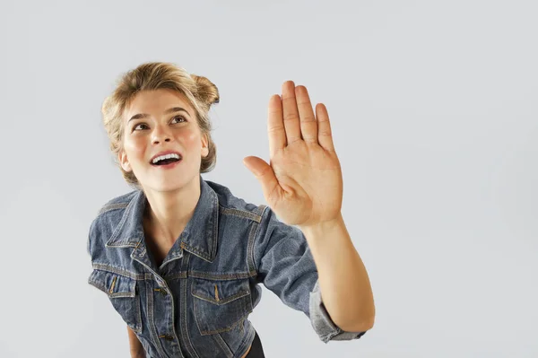 Very Beautiful Young Emrtional Girl Shows Hands Stop Sign Isolated — Zdjęcie stockowe