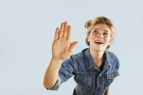 Very Beautiful Young Emrtional Girl Shows Hands Stop Sign Isolated — Zdjęcie stockowe