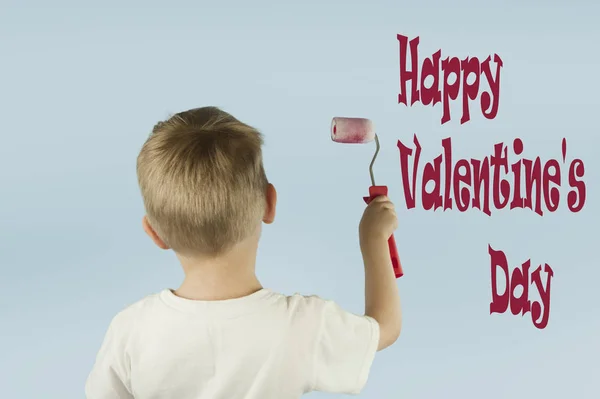 Beautiful Blond Child Boy Paints Wall Roller Writes Paint Wall — Stock Photo, Image