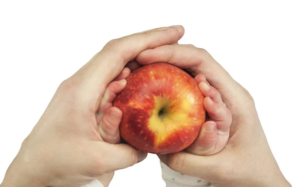 年轻女子和小孩子抱着苹果的颜色背景 顶部视图 健康饮食 — 图库照片