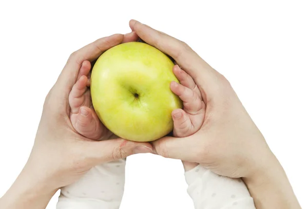 Young Woman Little Child Holding Apple Color Background Top View — Stock Photo, Image
