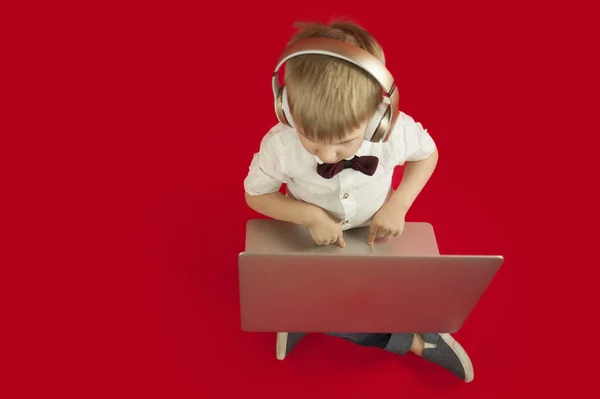 beautiful baby boy sitting with a laptop in his hands and looking for information on the Internet on a red background. The concept of modern children