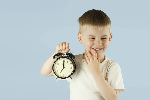 Beautiful Child Boy Alarm Clock His Hands Early Morning Ziva Royalty Free Stock Photos