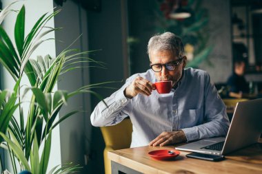 Adam kafe barda masada oturan, laptop kullanarak, kahve içme.
