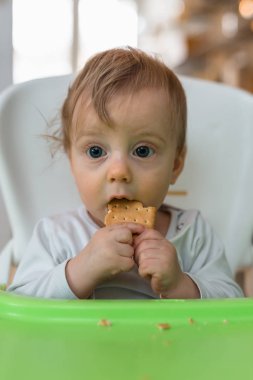 bisküvi yiyen erkek bebek yakın
