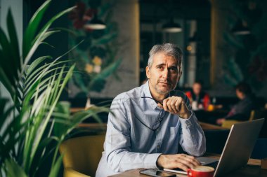 Kahve molası sahip gri saçlı penis iş adam, restoranda dizüstü bilgisayar ve içme kahvesi kullanarak.