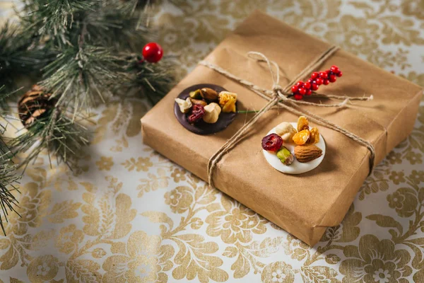 Tiny Chocolate Lenten Cookies Served Present Box Christmas Decorated Background — Stock Photo, Image