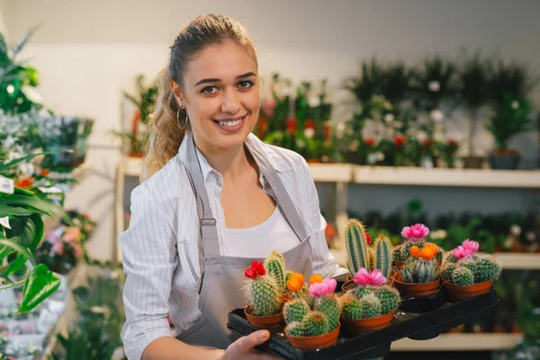 Smiling florist woman holding decorative cactuses