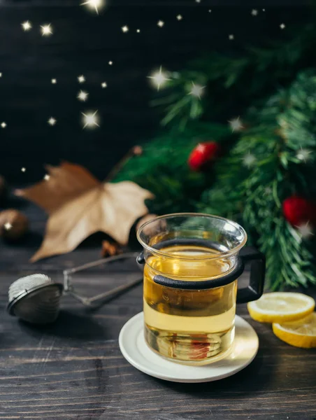 Glass Tea Wooden Table Christmas Decoration — Stock Photo, Image