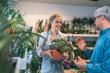 Çiçekçi ve müşteri çiçekçi