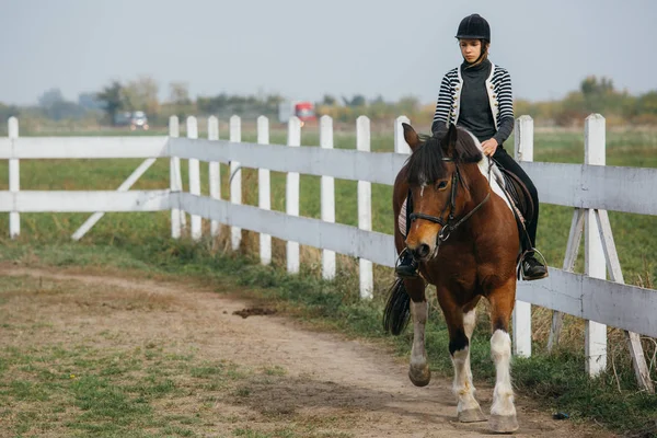十代の少女の訓練乗馬の屋外 秋の時間 — ストック写真