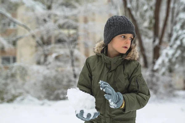 Boy Making Snowballs Outdoor Snow — Stock Photo, Image