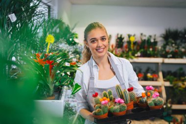 Elinde dekoratif kaktüsler tutan kadın.