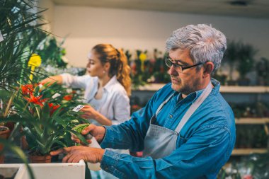 Çiçekçide çalışan kadın ve erkek.