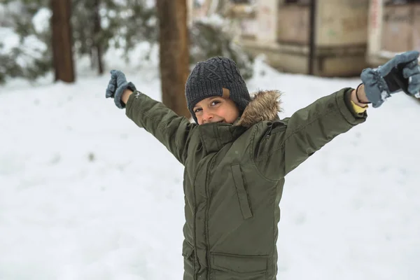 Little Boy Arms Spread Outdoor Playing Snow — Stock Photo, Image