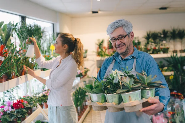 Employees, man and woman working in flower shop together.