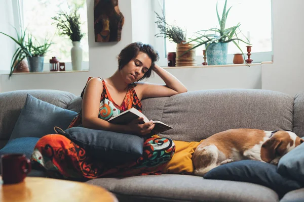 Mulher Passar Tempo Relaxado Sofá Livro Leitura Com Cão — Fotografia de Stock